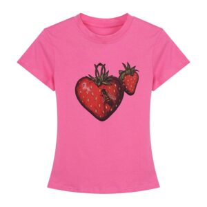 Playful Strawberry and Bee Graphic Pink Regular Shoulder T-Shirt