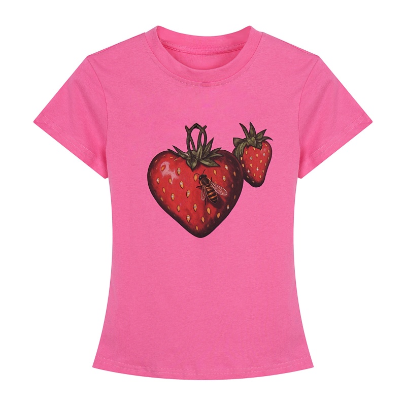Playful Strawberry and Bee Graphic Pink Regular Shoulder T-Shirt