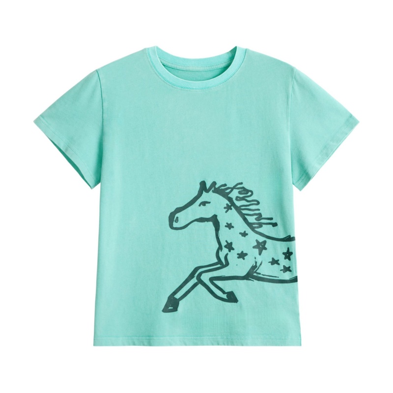 Lake Blue Cotton T-Shirt with Horse Print Design