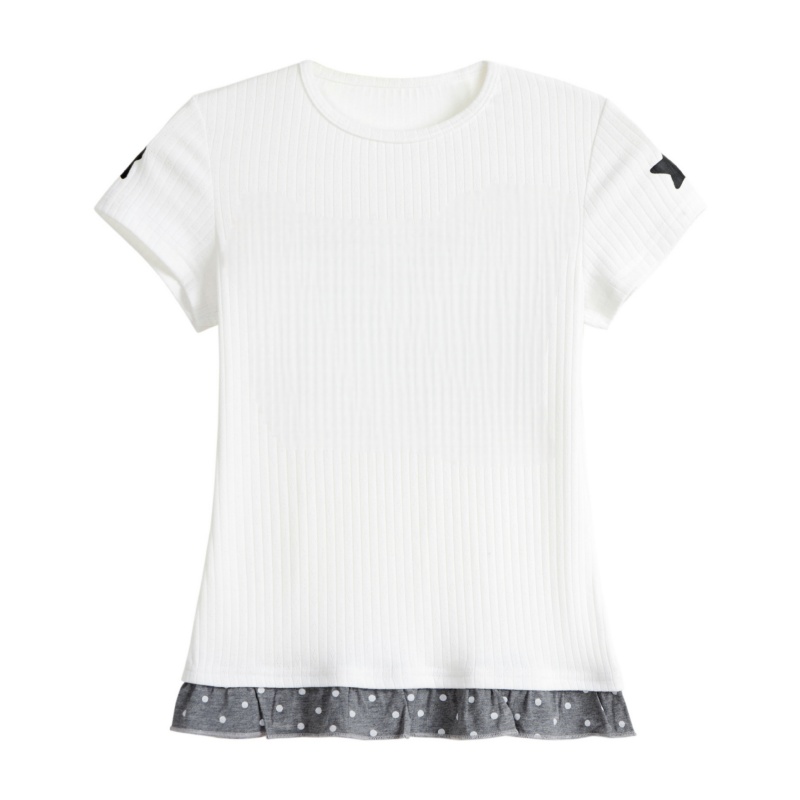 White Crew Neck Ruffle Hem T-Shirt