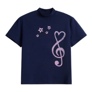Navy Blue T-Shirt with Girly Music Note Print Design