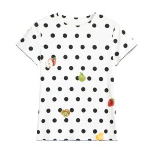 White Regular Shoulder T-Shirt with Polka Dot Fruit and Ruffle Detail