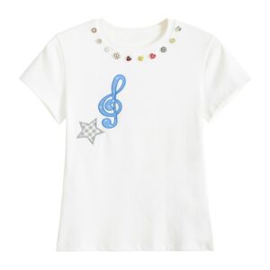 White T-Shirt with Music Note and Star Embroidery Detail