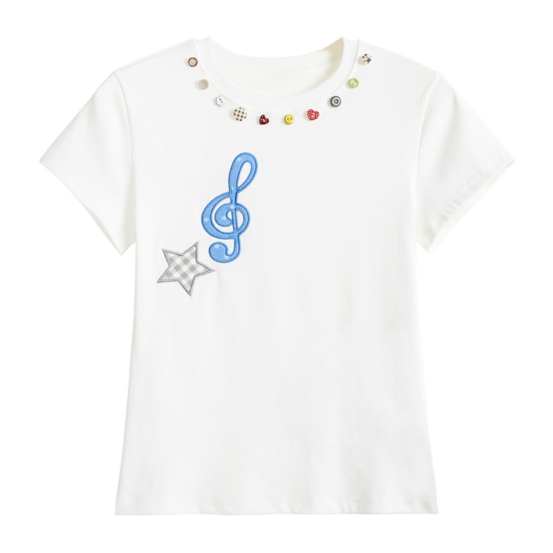 White T-Shirt with Music Note and Star Embroidery Detail